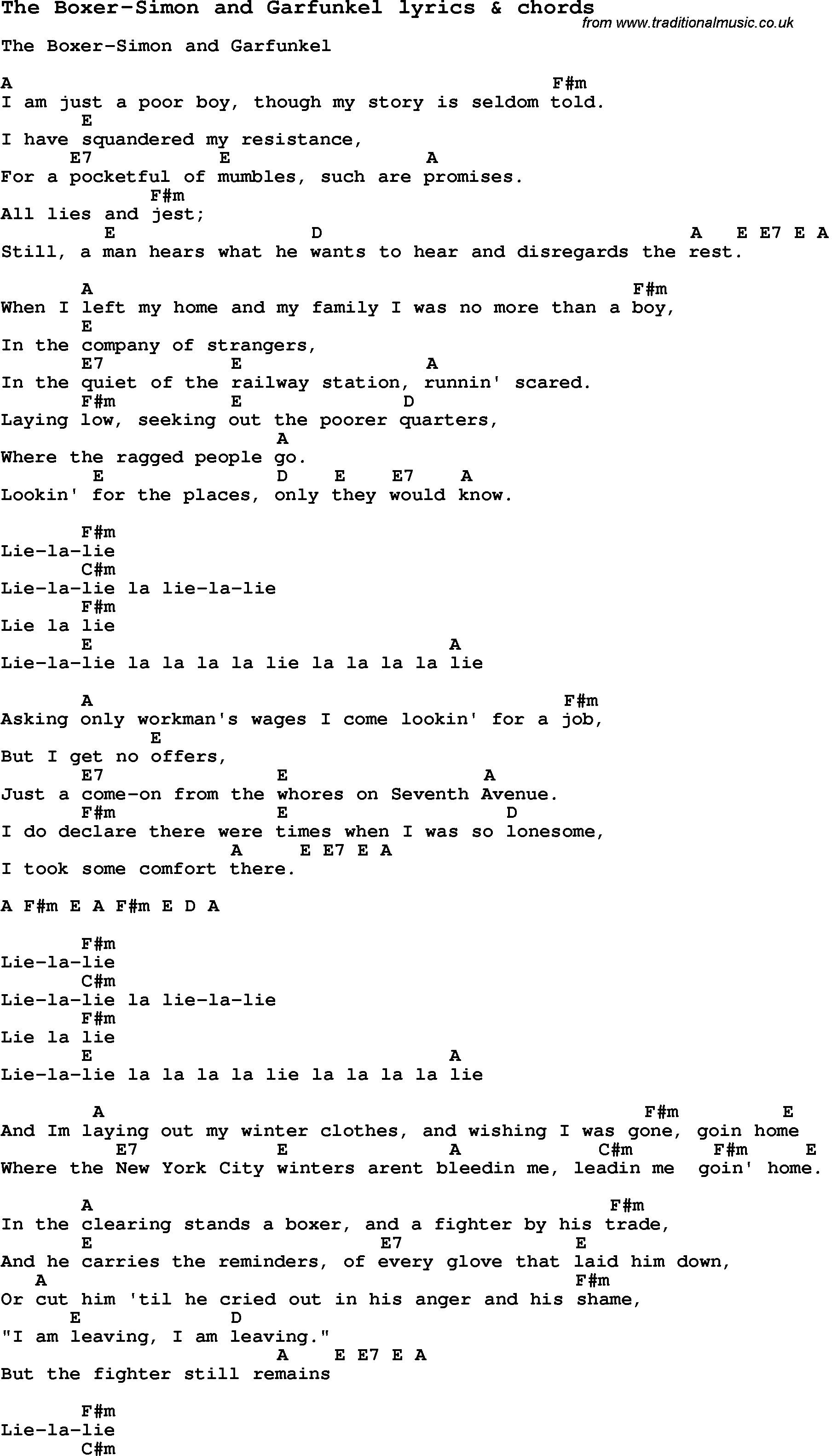 The Boxer Chords Love Song Lyrics Forthe Boxer Simon And Garfunkel With Chords