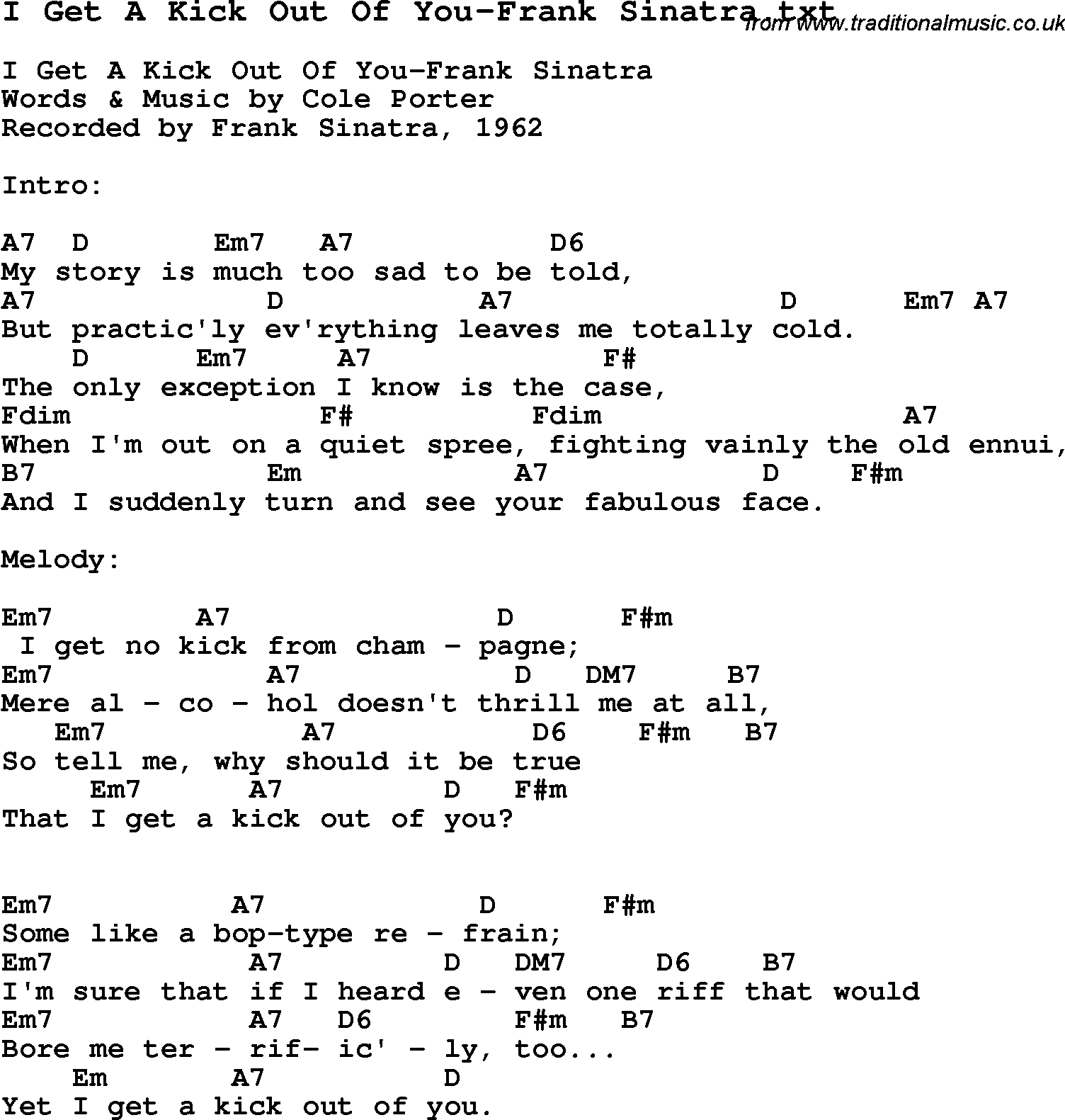 The Only Exception Chords Jazz Song I Get A Kick Out Of You Frank Sinatra With Chords Tabs