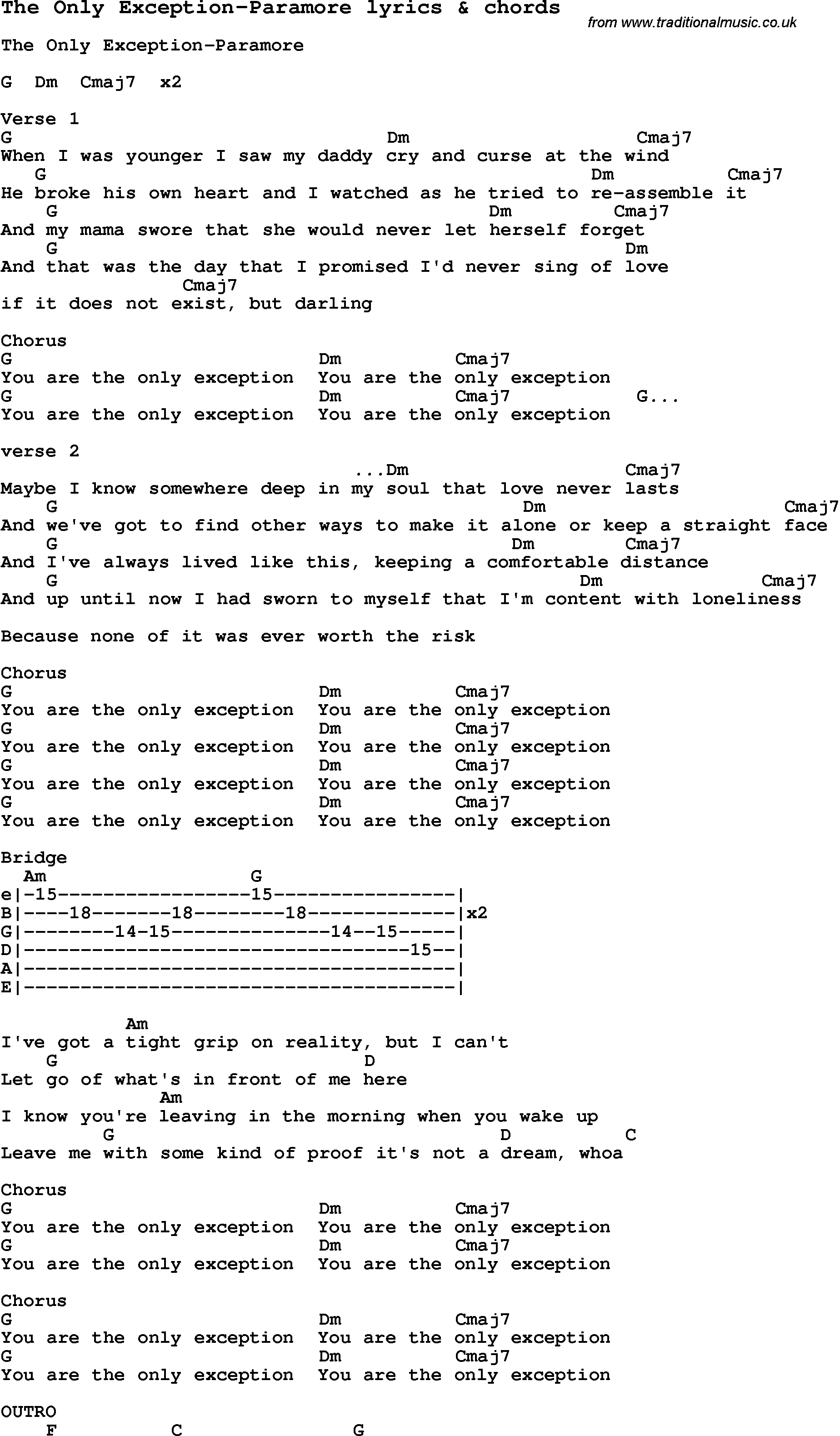 The Only Exception Chords Love Song Lyrics Forthe Only Exception Paramore With Chords