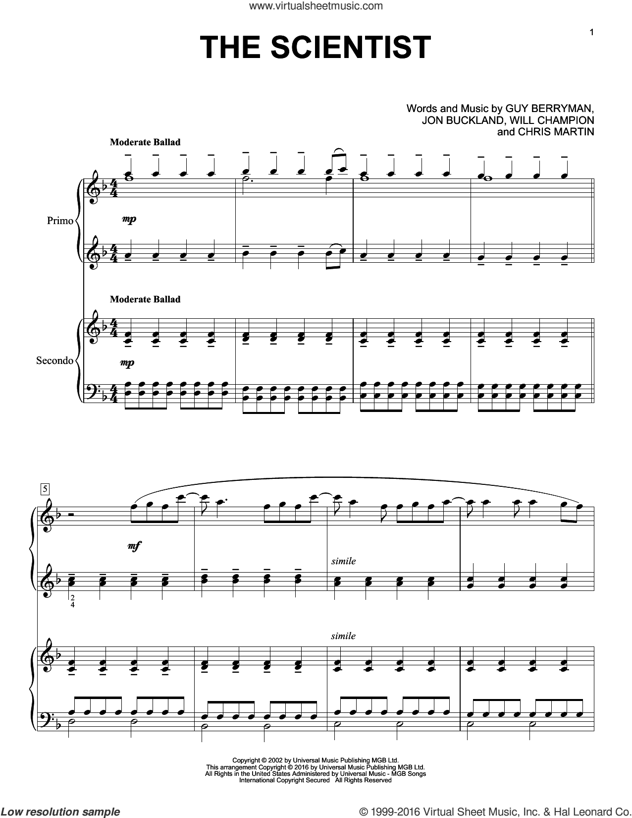 The Scientist Chords Coldplay The Scientist Sheet Music For Piano Four Hands Pdf
