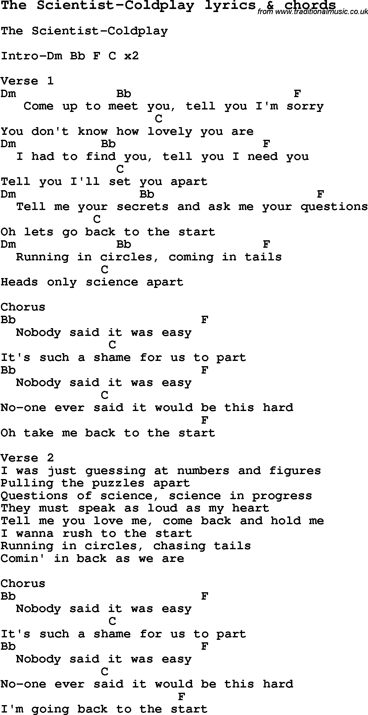 The Scientist Chords Love Song Lyrics Forthe Scientist Coldplay With Chords