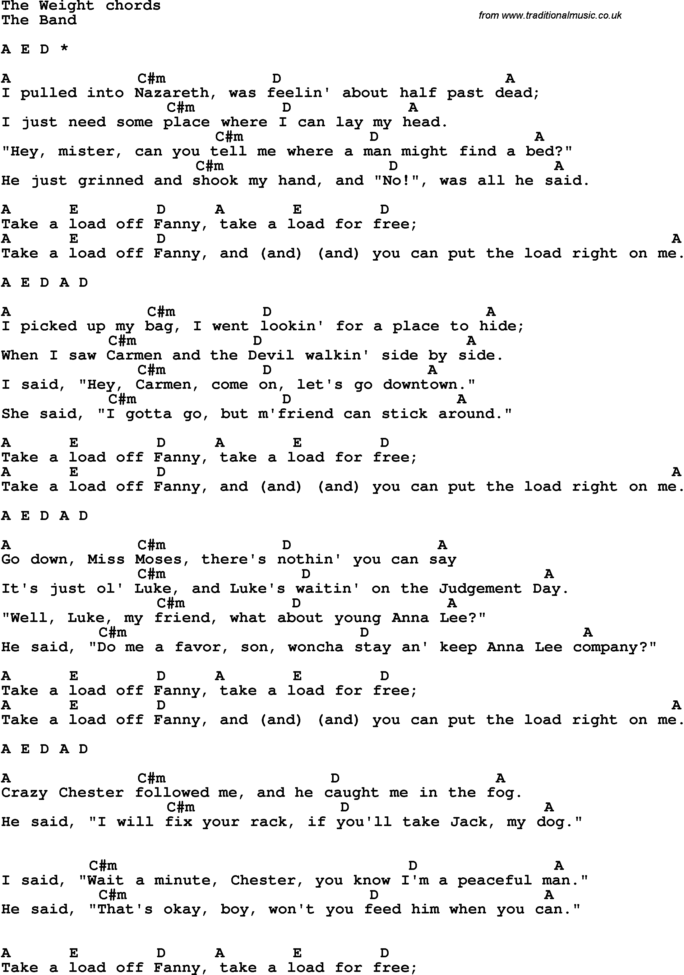 The Weight Chords Song Lyrics With Guitar Chords For The Weight The Band