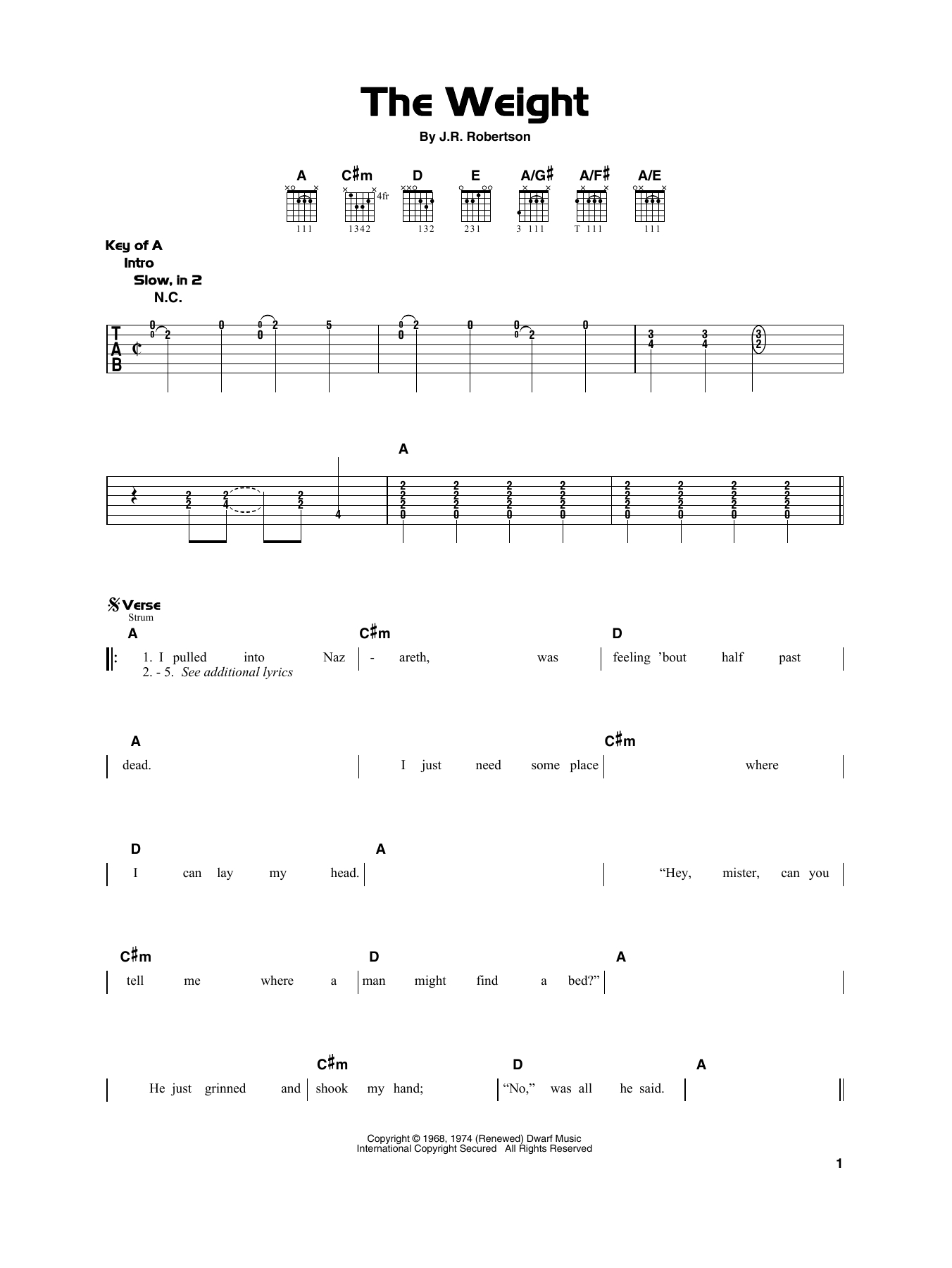 The Weight Chords The Band The Weight Sheet Music Notes Chords Download Printable Really Easy Guitar Sku 415303