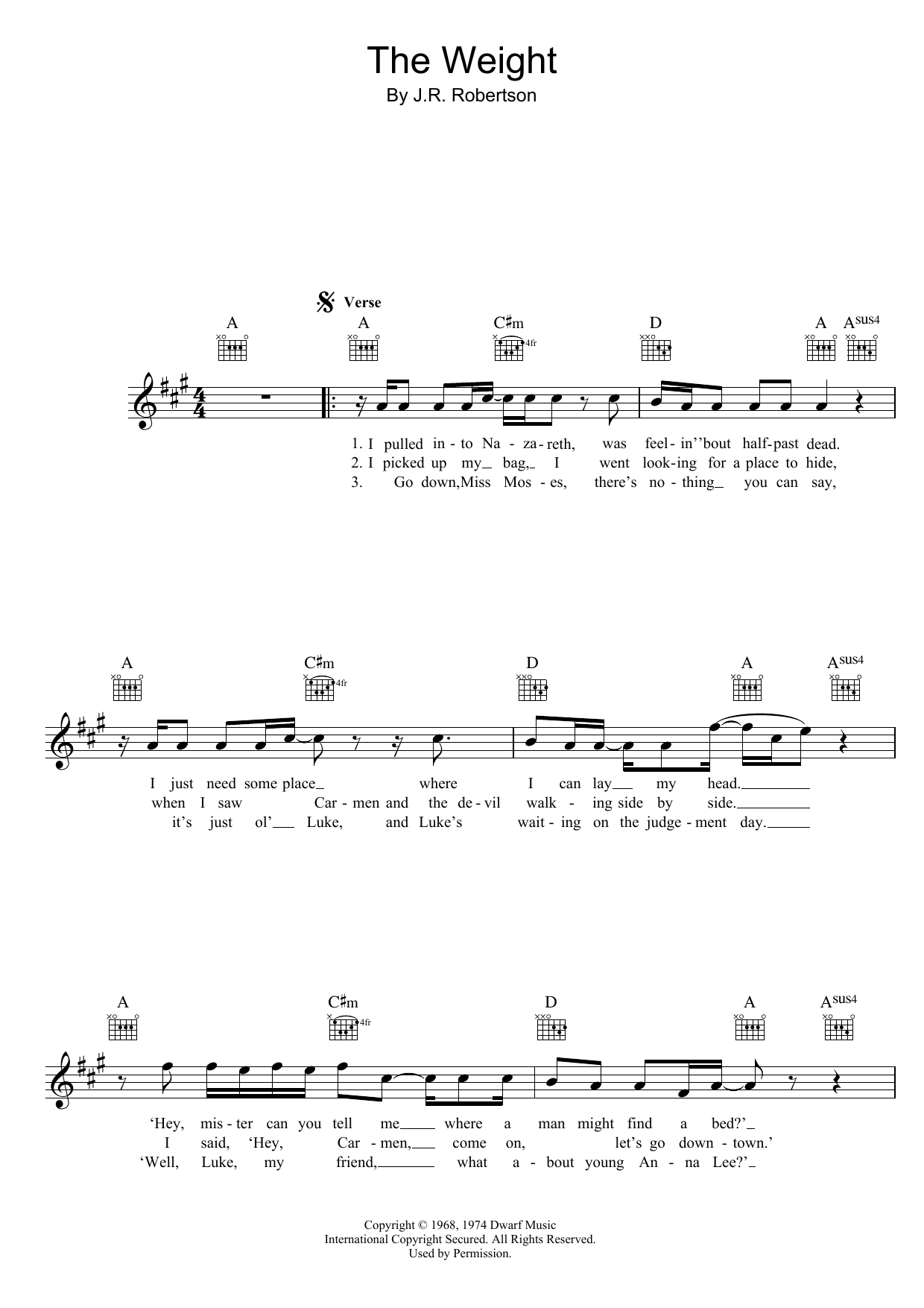 The Weight Chords The Weight The Band Piano Vocal Guitar Right Hand Melody Digital Sheet Music