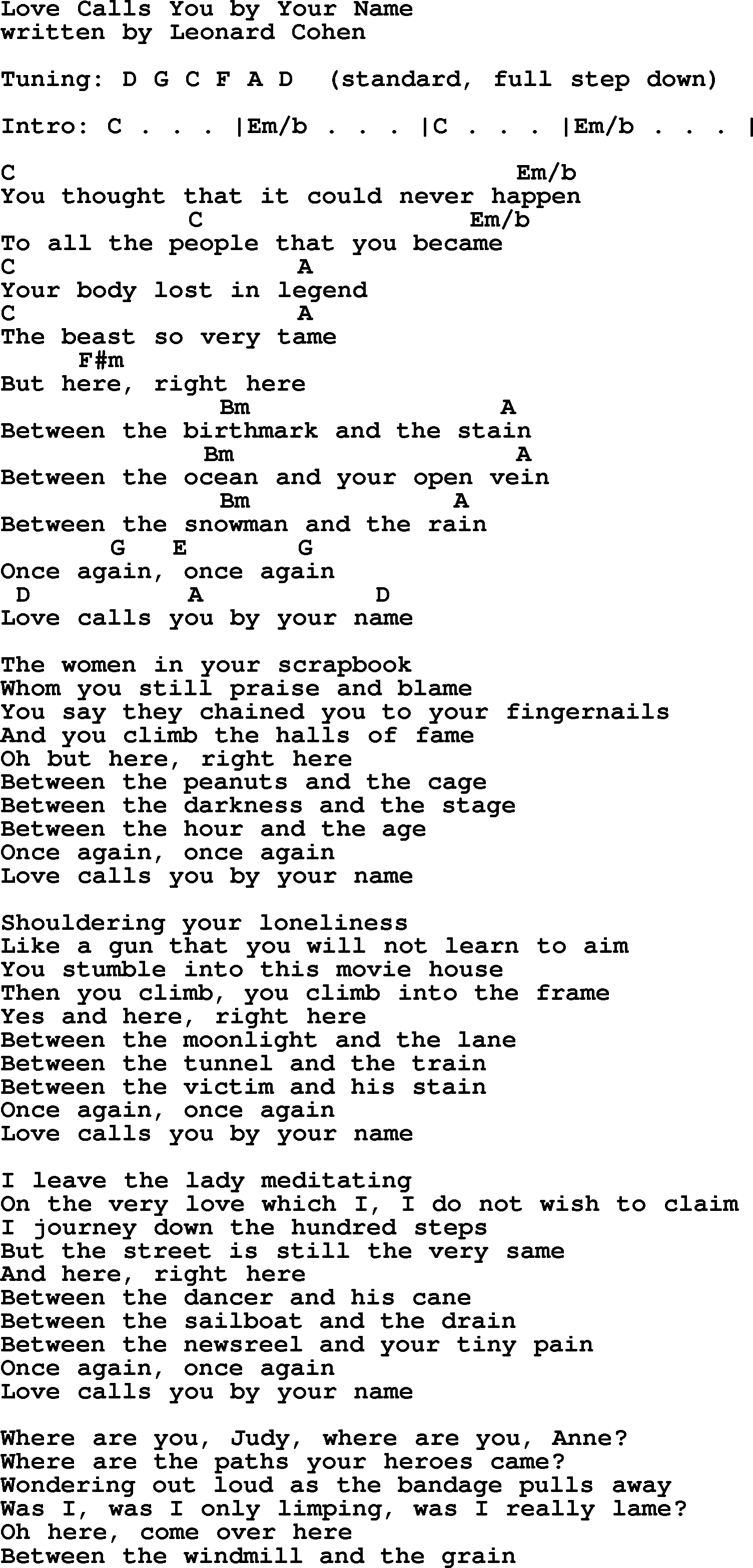 Tiny Dancer Chords Leonard Cohen Song Love Calls You Your Name Lyrics And Chords