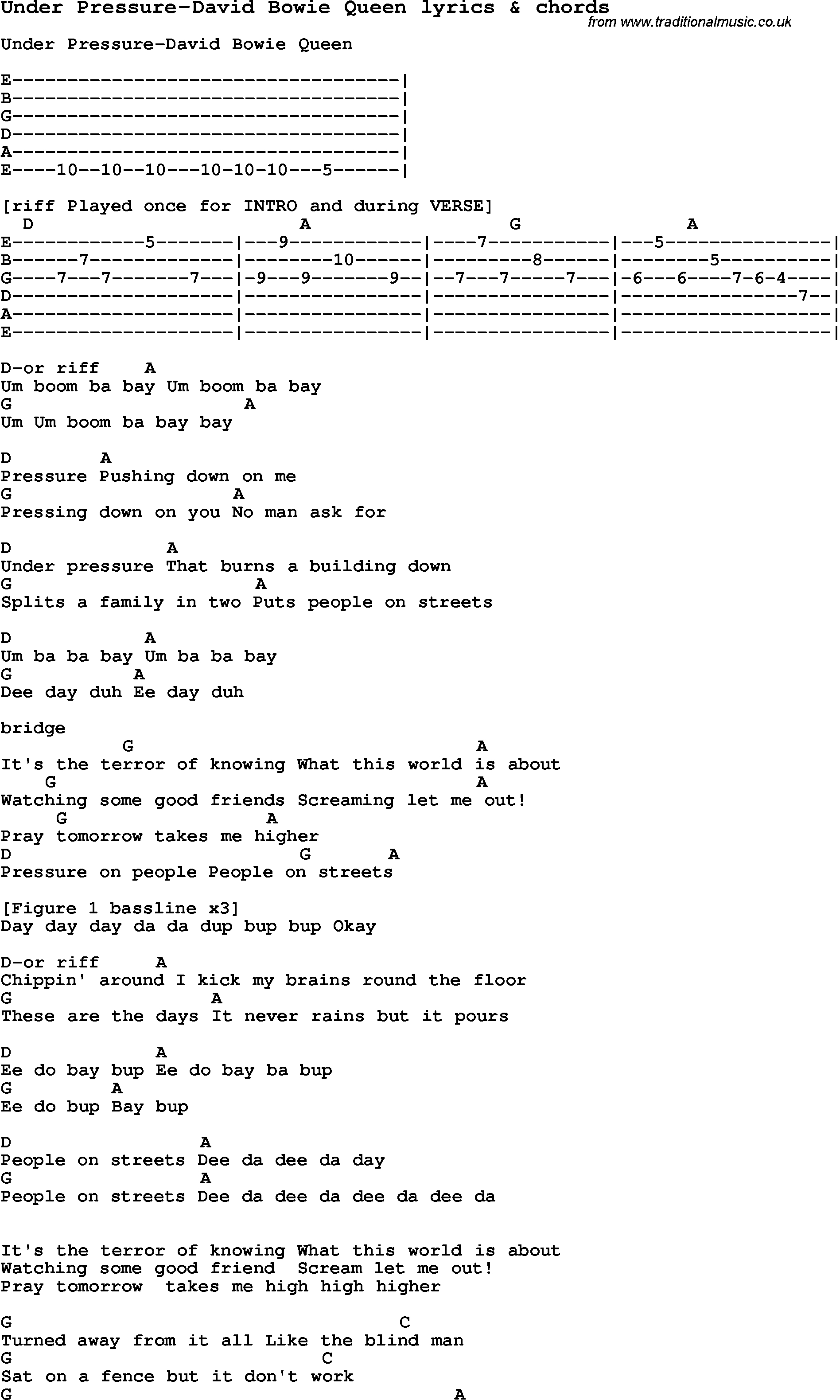 Under The Bridge Chords Love Song Lyrics Forunder Pressure David Bowie Queen With Chords