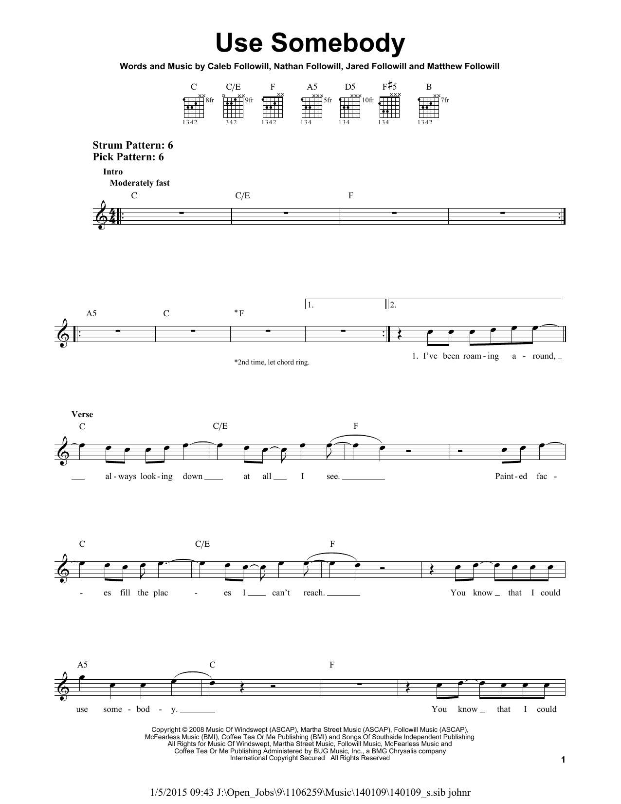 Use Somebody Chords Sheet Music Digital Files To Print Licensed Kings Of Leon Digital