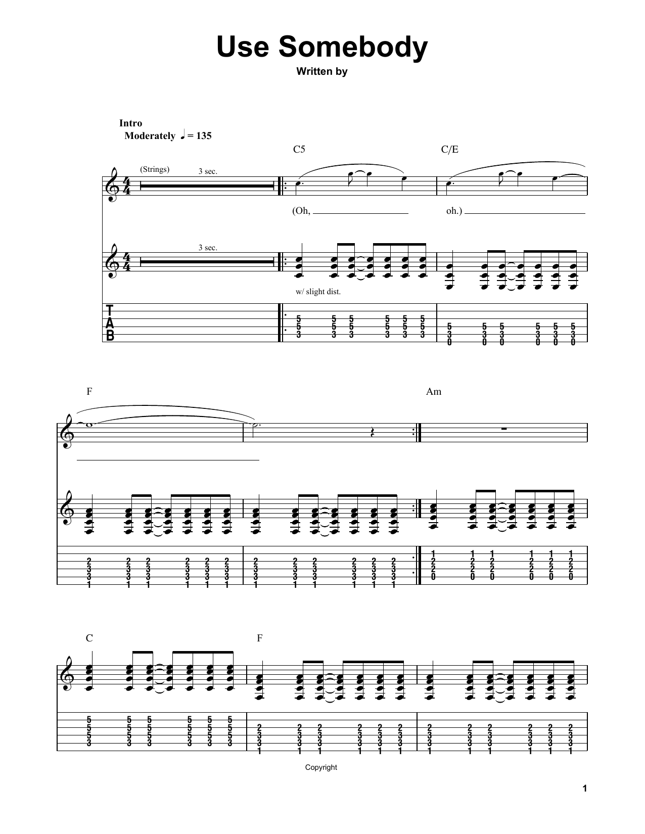 Use Somebody Chords Use Somebody Kings Of Leon Easy Guitar Tab Guitar Instructor