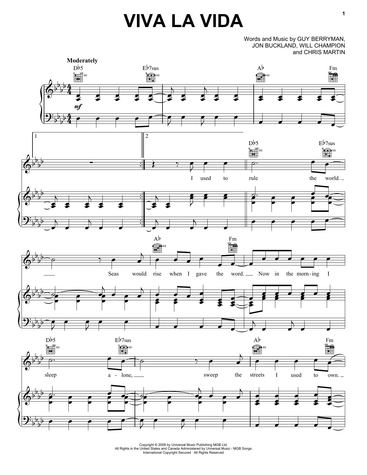 Viva La Vida Chords Coldplay Viva La Vida Sheet Music Notes Chords Download Printable Keyboard Transcription Sku 176764