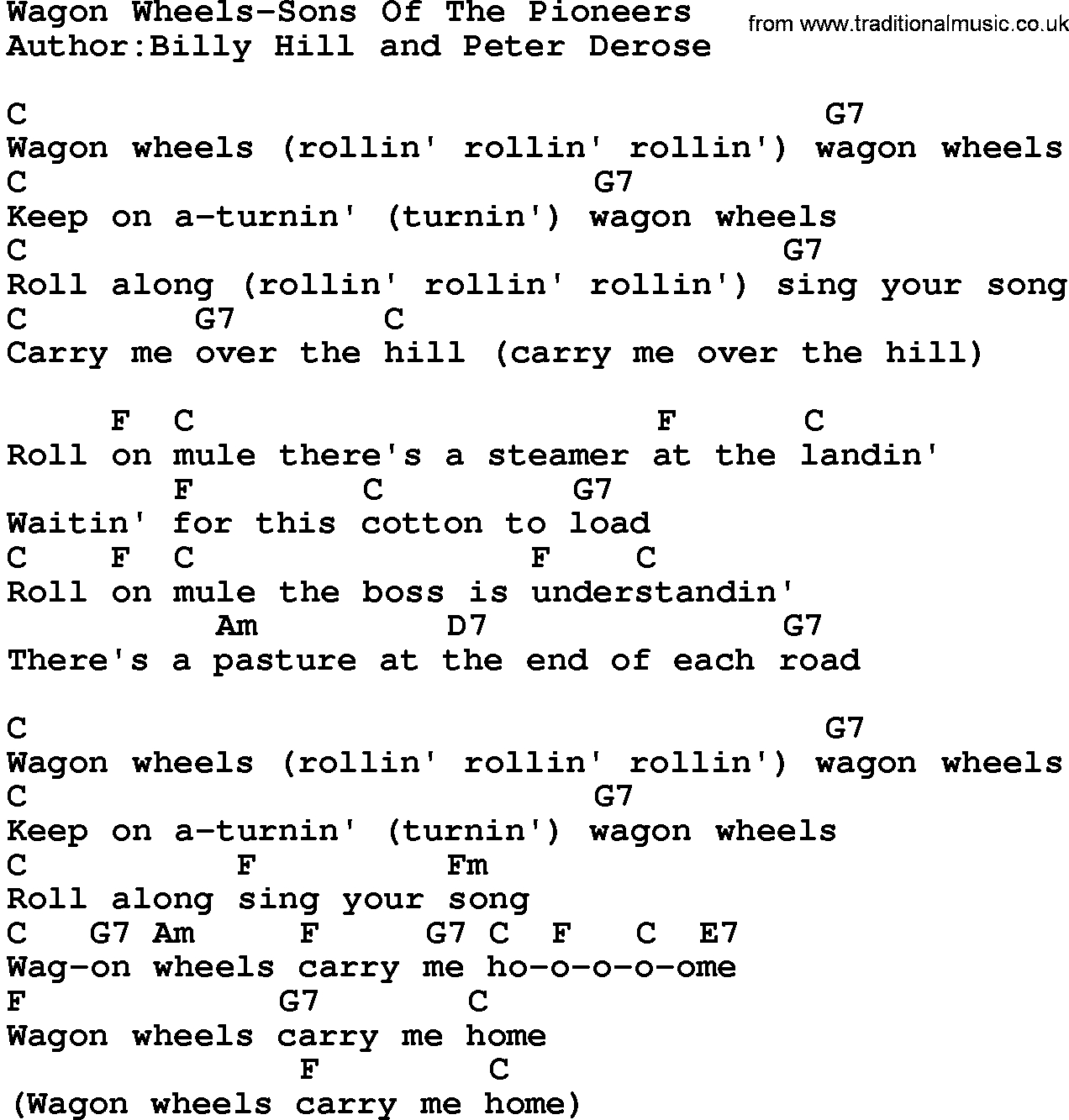 Wagon Wheel Chords Country Musicwagon Wheels Sons Of The Pioneers Lyrics And Chords
