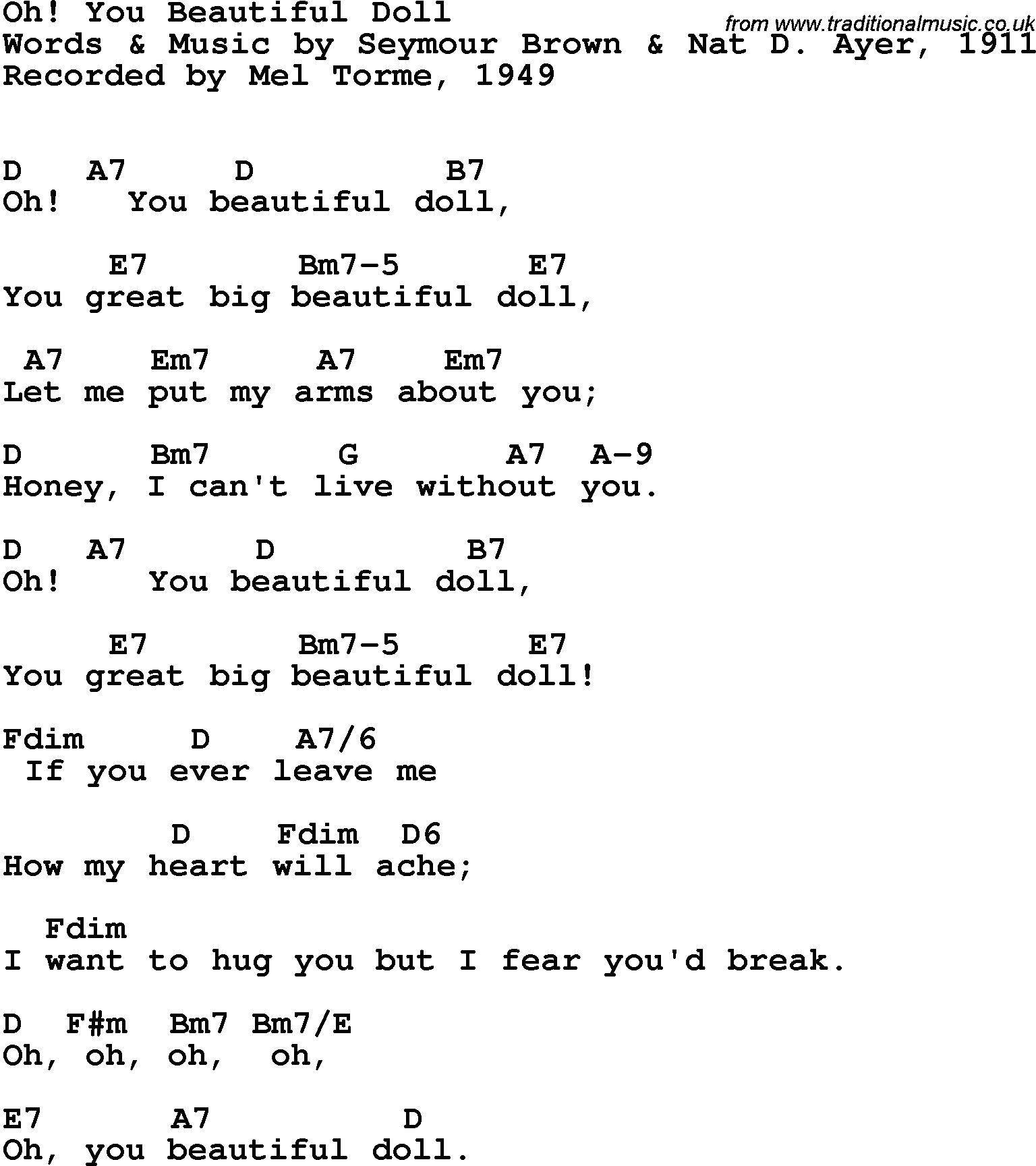 Wagon Wheel Chords Song Lyrics With Guitar Chords For Oh You Beautiful Doll Mel