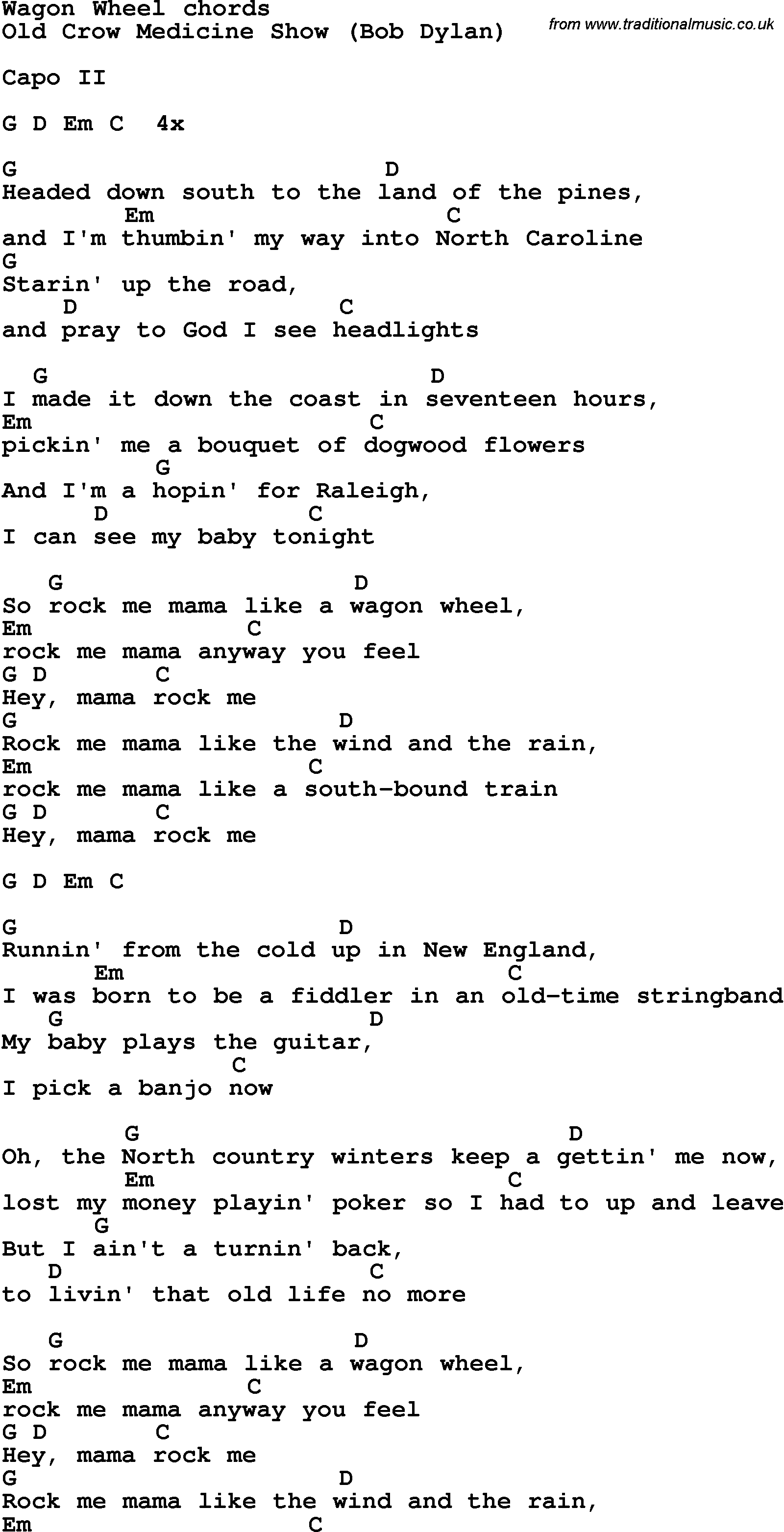 Wagon Wheel Chords Song Lyrics With Guitar Chords For Wagon Wheel