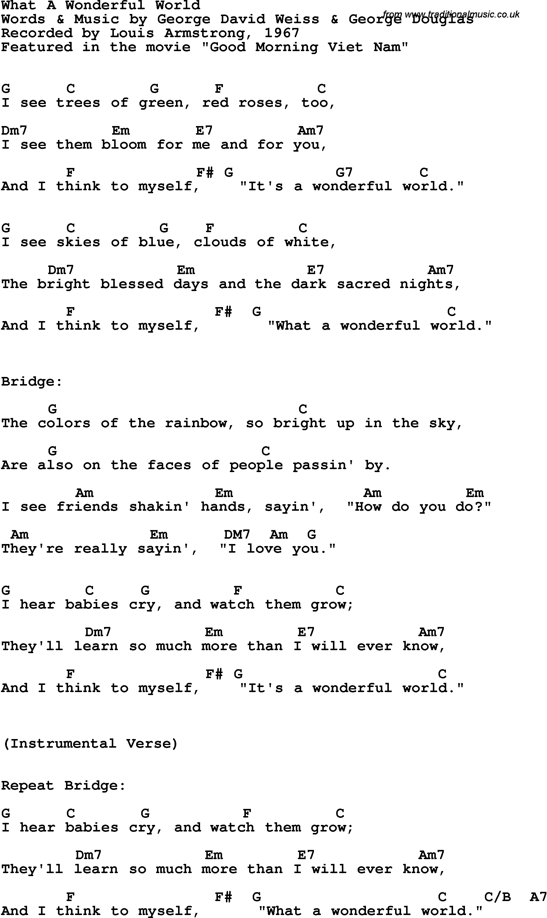 What A Wonderful World Chords Song Lyrics With Guitar Chords For What A Wonderful World Louis