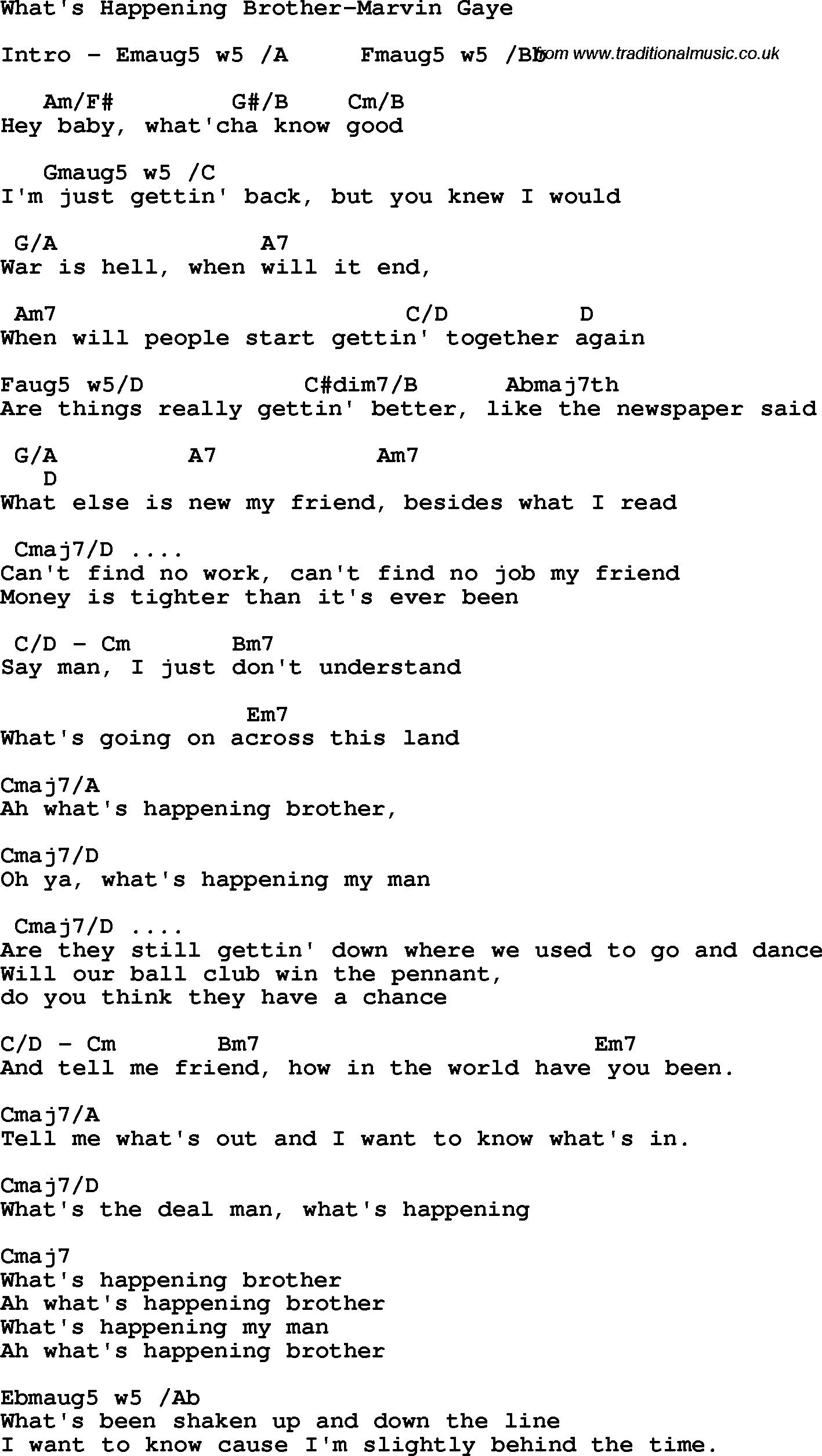 What's Going On Chords Protest Song Whats Happening Brother Marvin Gaye Lyrics And Chords