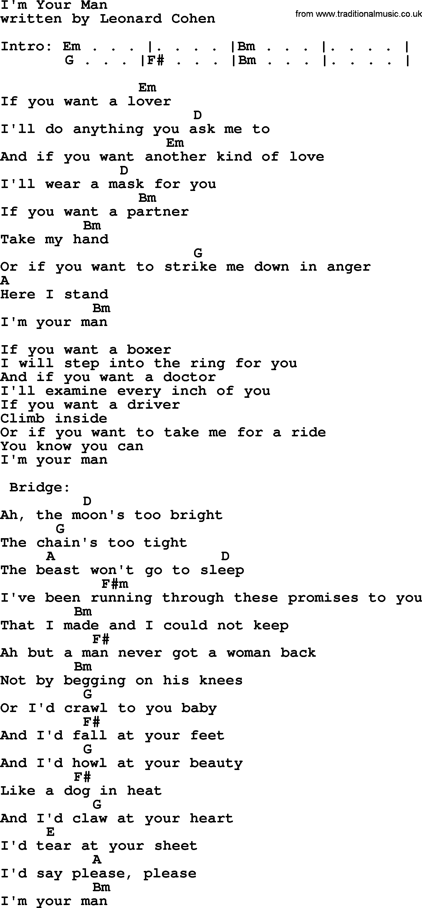 When I Was Your Man Chords Leonard Cohen Song Im Your Man Lyrics And Chords