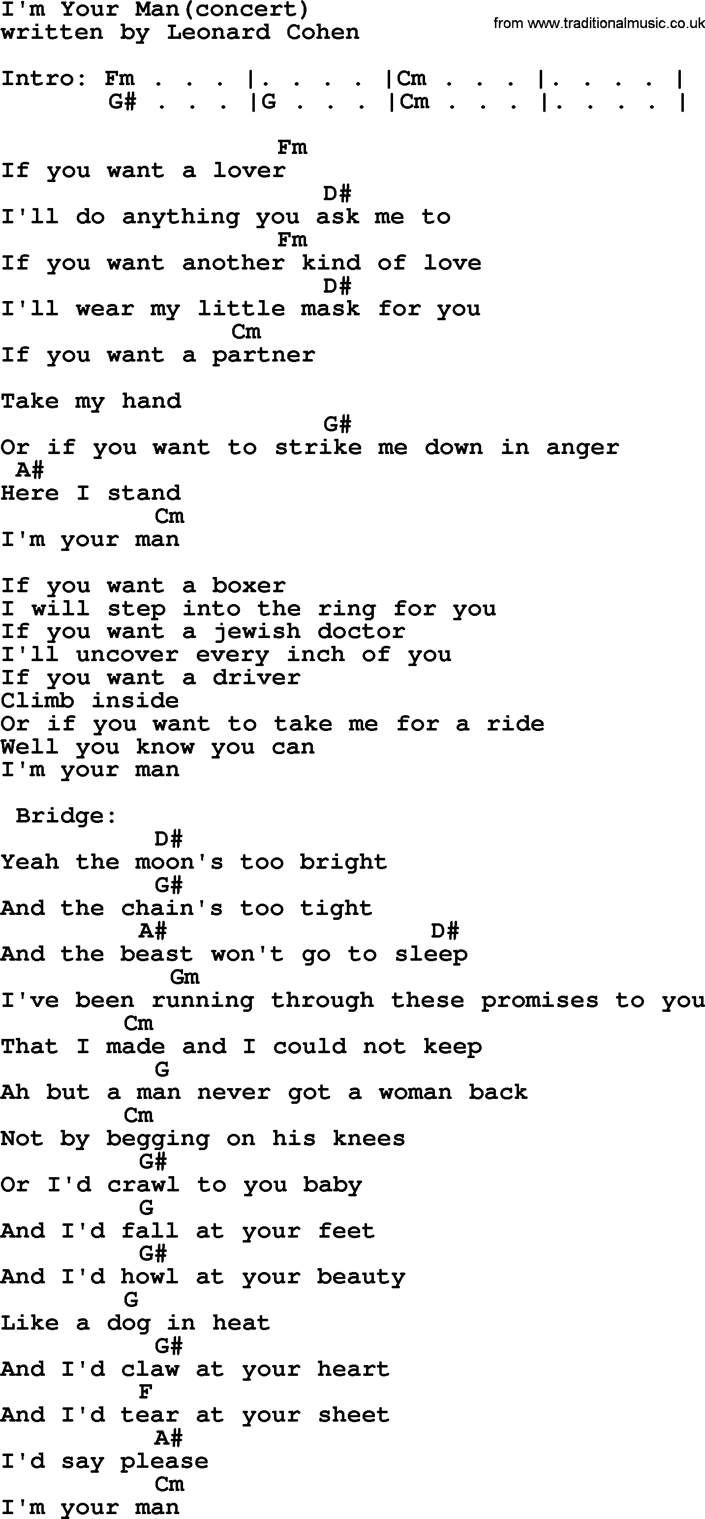 When I Was Your Man Chords Leonard Cohen Song Im Your Manconcert Lyrics And Chords