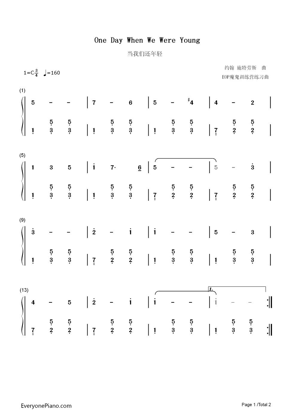 When We Were Young Chords One Day When We Were Young Numbered Musical Notation Preview
