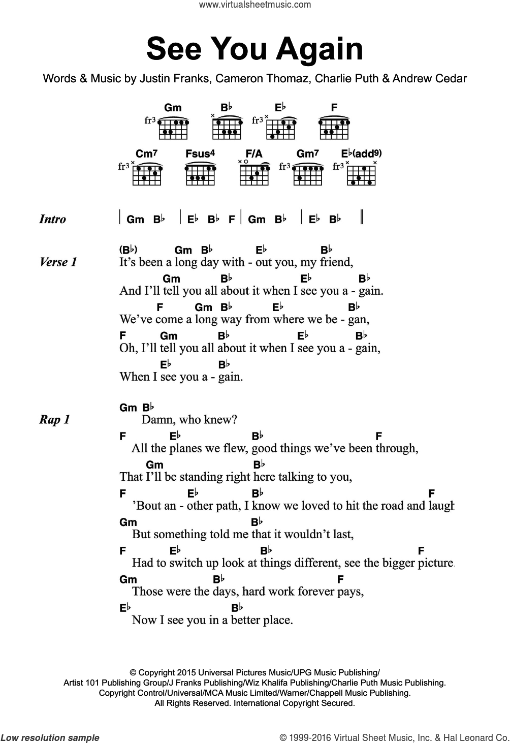 You And I Chords Khalifa See You Again Featuring Charlie Puth Sheet Music For Guitar Chords