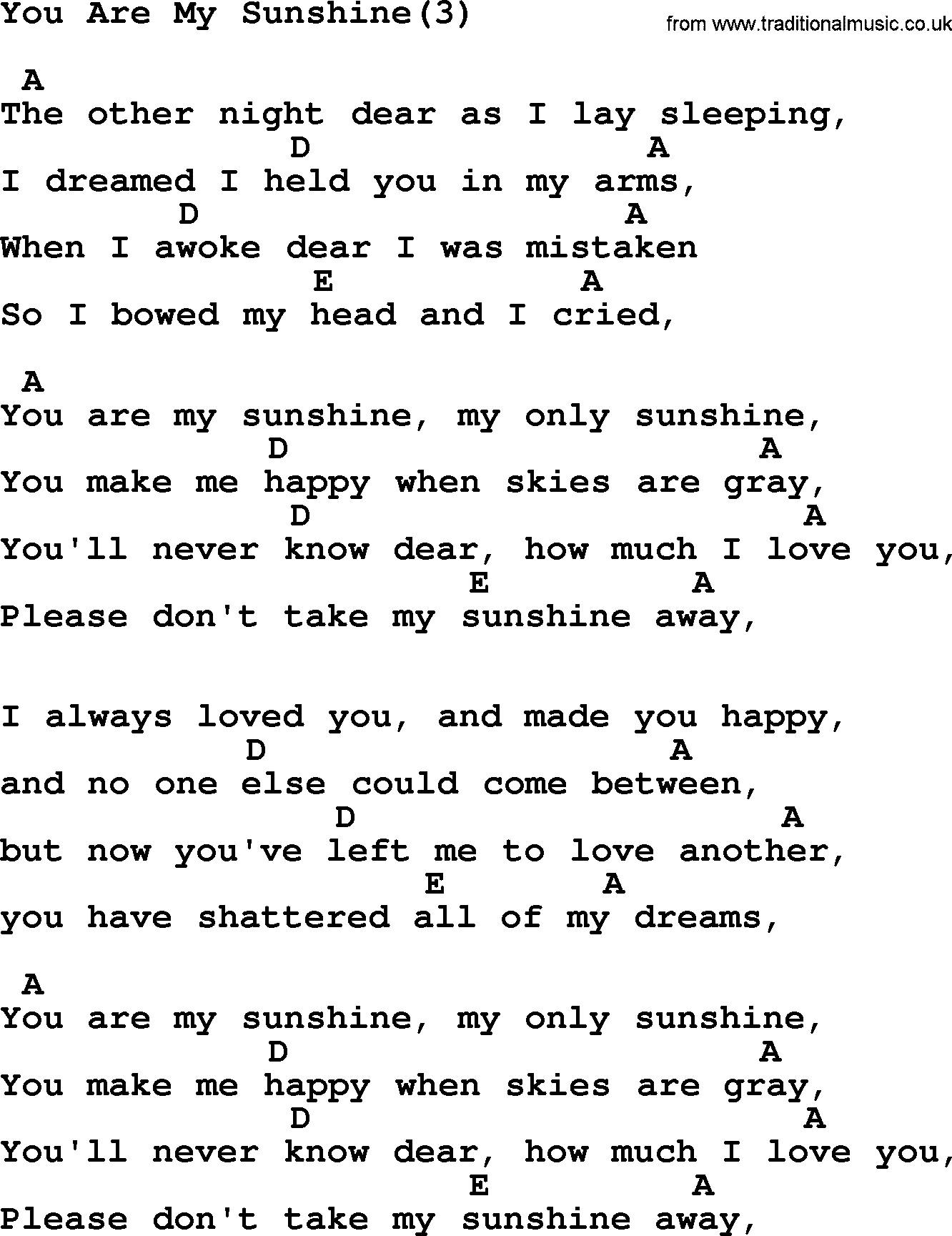 You Are My Sunshine Chords Johnny Cash Song You Are My Sunshine3 Lyrics And Chords