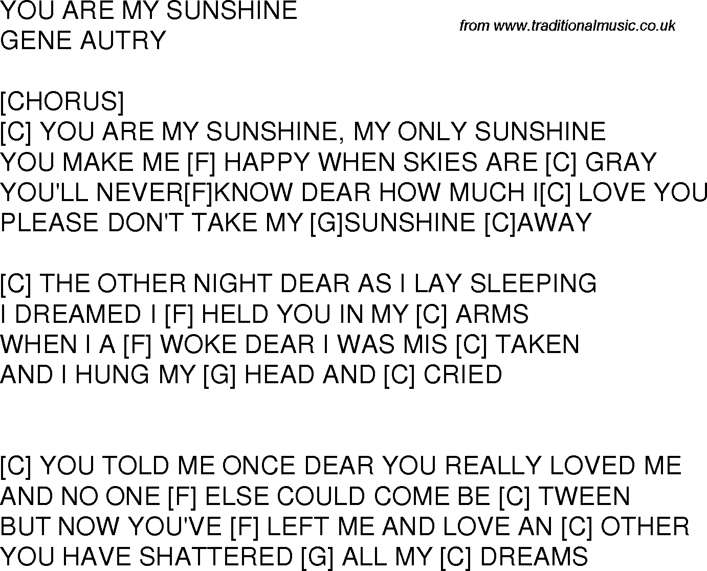 You Are My Sunshine Chords Old Time Song Lyrics With Guitar Chords For You Are My Sunshine C