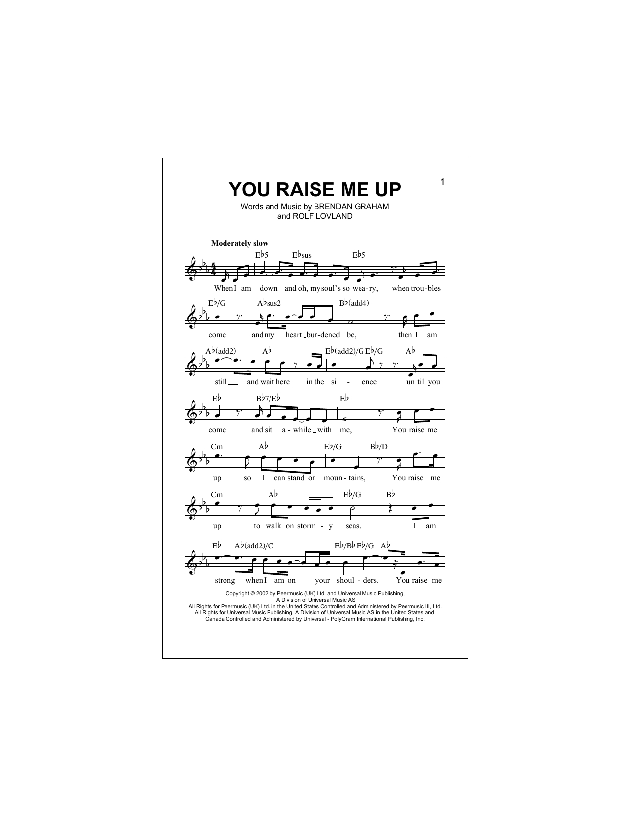 You Raise Me Up Chords You Raise Me Up Sheet Music Josh Groban Lead Sheet Fake Book