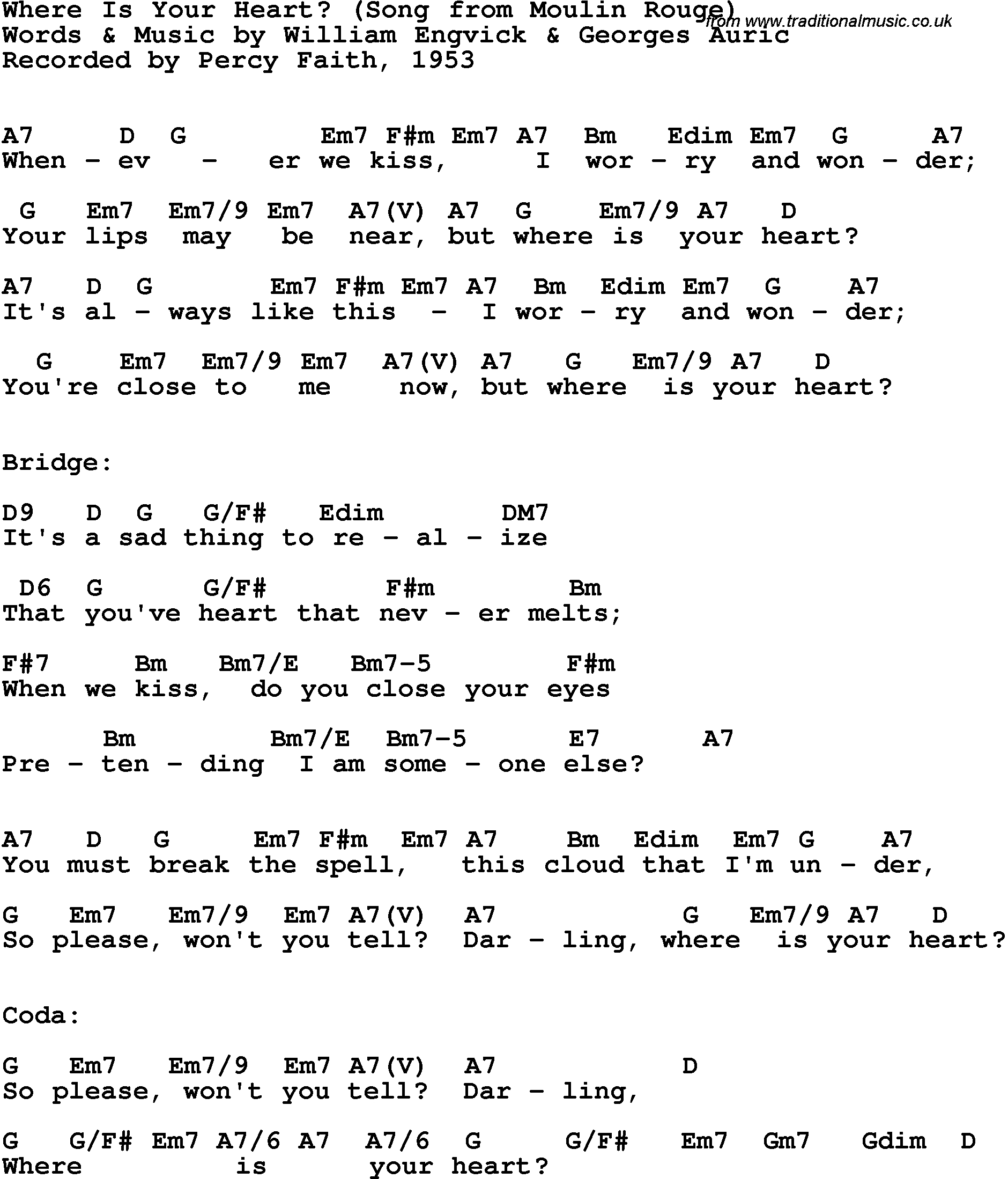 Your Song Chords Song Lyrics With Guitar Chords For Where Is Your Heart Percy Faith